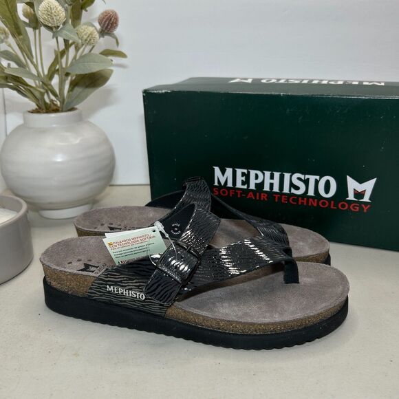 Mephisto Helen Air-Relax Zebra Leather Thong Sandals Black Women's 6 NWB - Picture 1 of 9